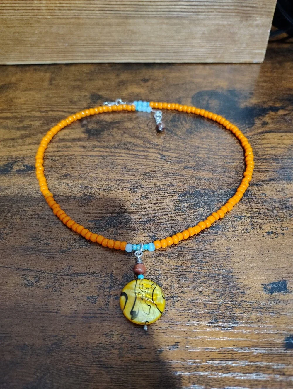 Orange Beaded Necklace with Yellow Pendant - Women's Handmade Necklace